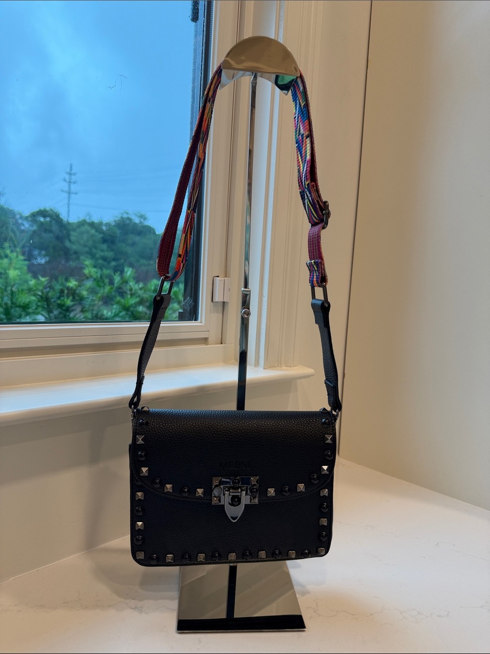 MERSI Black Studded Crossbody Bag | Leather | Adjustable Strap | Edgy Chic